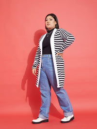 SASSAFRAS Curve Plus Size Striped Cotton Longline Open Front Shrug