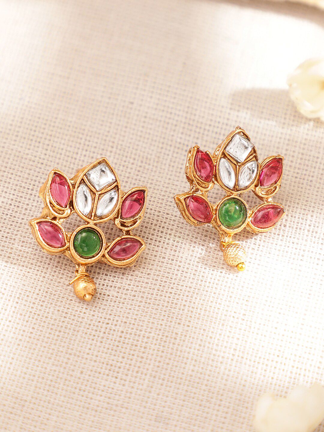 Rubans 22K Gold-Plated Ruby Pink & Emerald Stone Studded Handcrafted Necklace with Earring