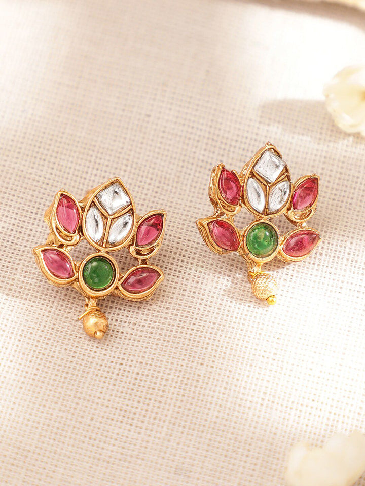 Rubans 22K Gold-Plated Ruby Pink & Emerald Stone Studded Handcrafted Necklace with Earring