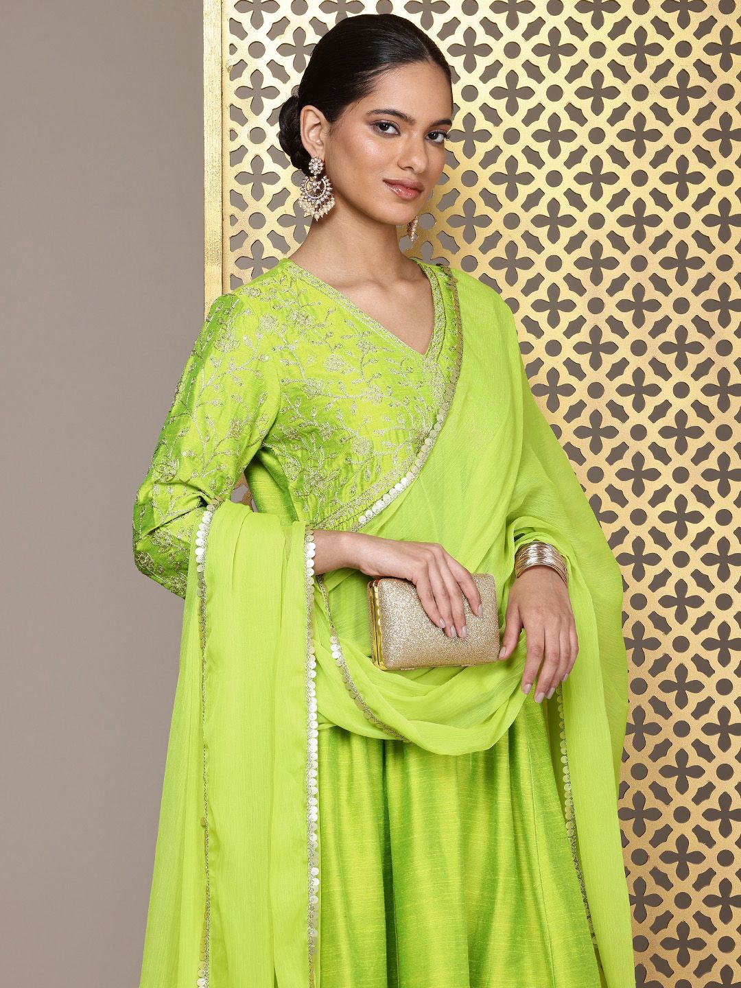 House of Pataudi Floral Embroidered Sequinned Jashn Kurta with Palazzos & Dupatta