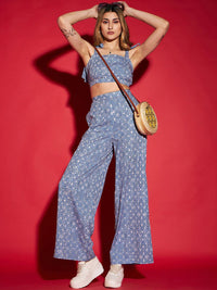 SASSAFRAS Blue Printed Crop Top With Trousers Co-Ords