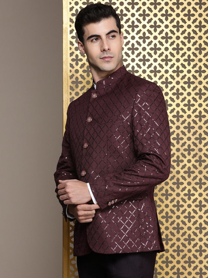 House of Pataudi Jashn Mandarin Collar Textured Sequinned Bandhgala Blazer