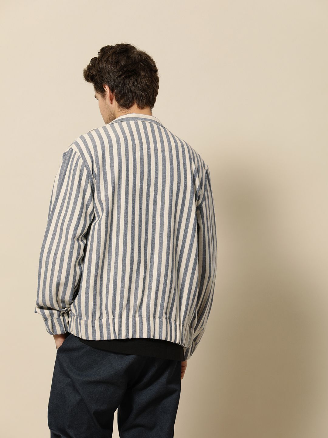 Mr Bowerbird Men Off White Navy Blue Striped Tailored Jacket