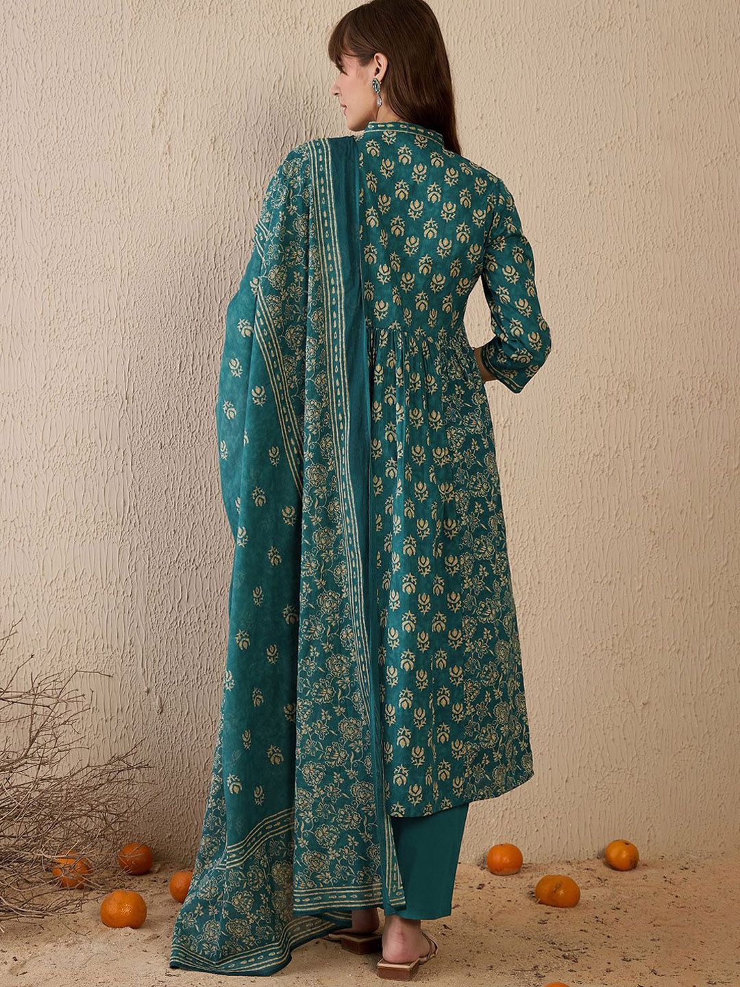 Indo Era Women Floral Printed Empire Pure Cotton Kurta with Trousers & With Dupatta