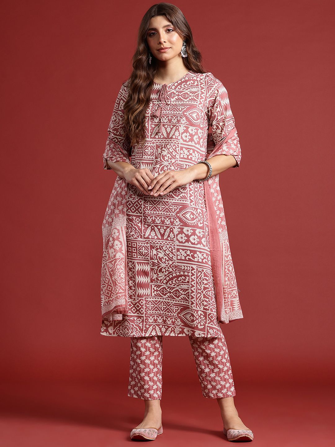 Anouk Floral Print Pure Cotton Kurta with Trousers & With Dupatta
