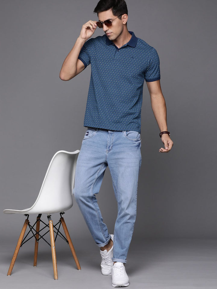 Raymond Men Blue & Green Pure Cotton Printed Polo Collar T-shirt