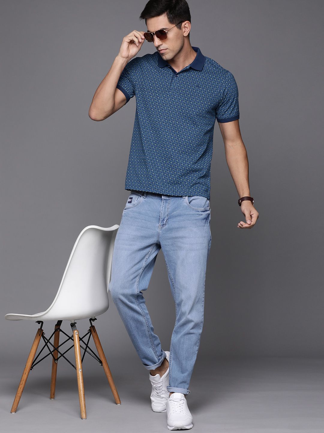 Raymond Men Blue & Green Pure Cotton Printed Polo Collar T-shirt
