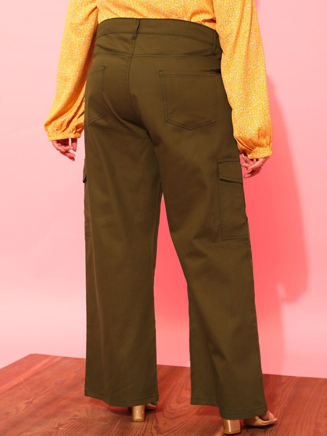 CURVY STREET Women Plus Size Olive Green Relaxed Straight Leg Pure Cotton Trousers