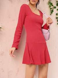 DressBerry Cheery Red Minimalist Kawaii Ribbed Drop-Waist Mini Dress
