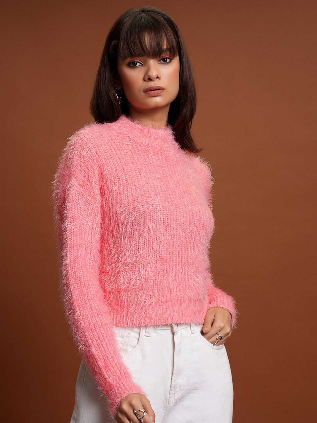 Tokyo Talkies Pink Self Design Acrylic Pullover