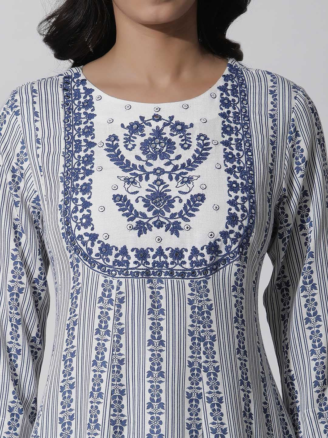 W Blue Ethnic Motifs Printed Mirror Work Kurta