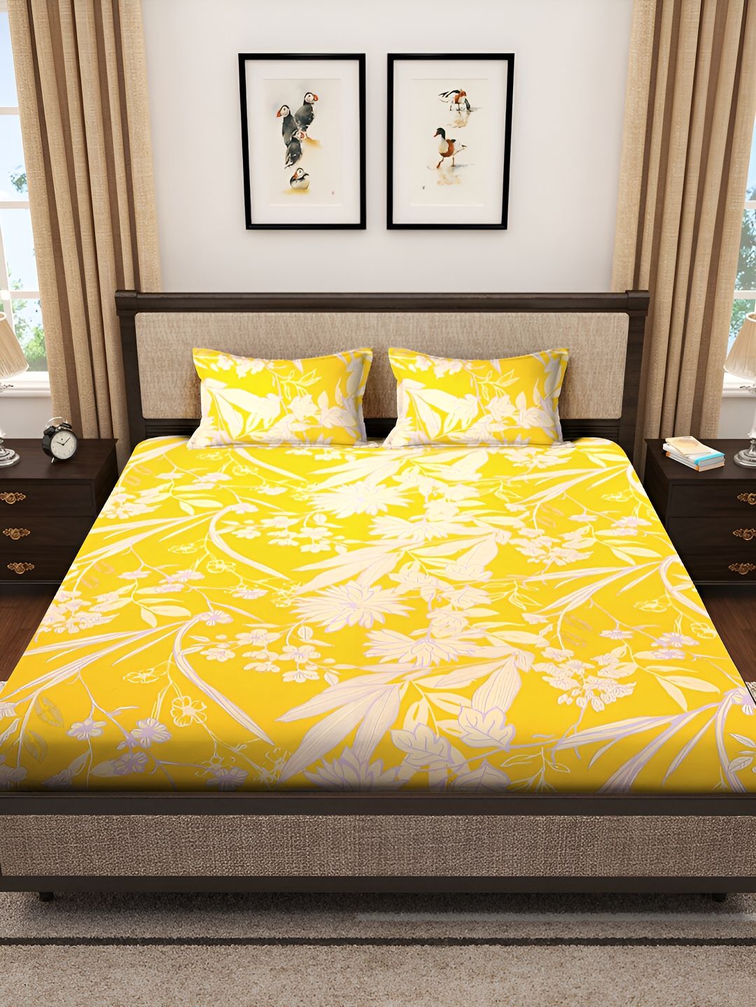KLOTTHE Yellow Floral Printed 300TC Fitted Double King Bedsheet With 2 Pillow Covers