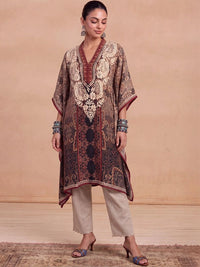 Rumah Wanita Chikankari Motif Etnik Bercetak Lengan Panjang Kerja Benang Crepe Kaftan Kurta