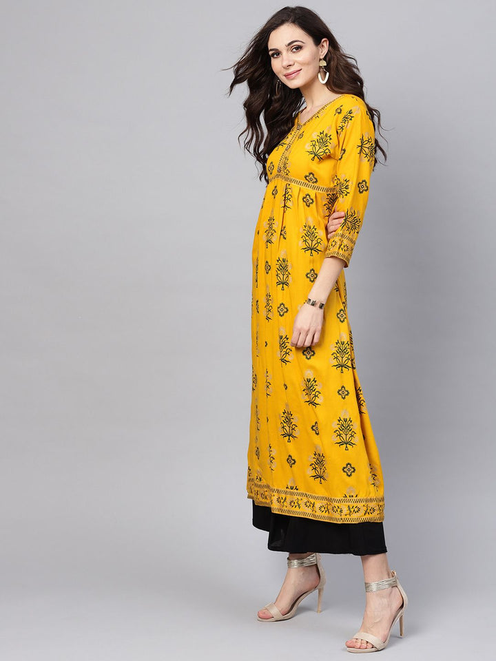 SOJANYA Kurta A-Line Bercetak Mustard Wanita Kuning & Hijau