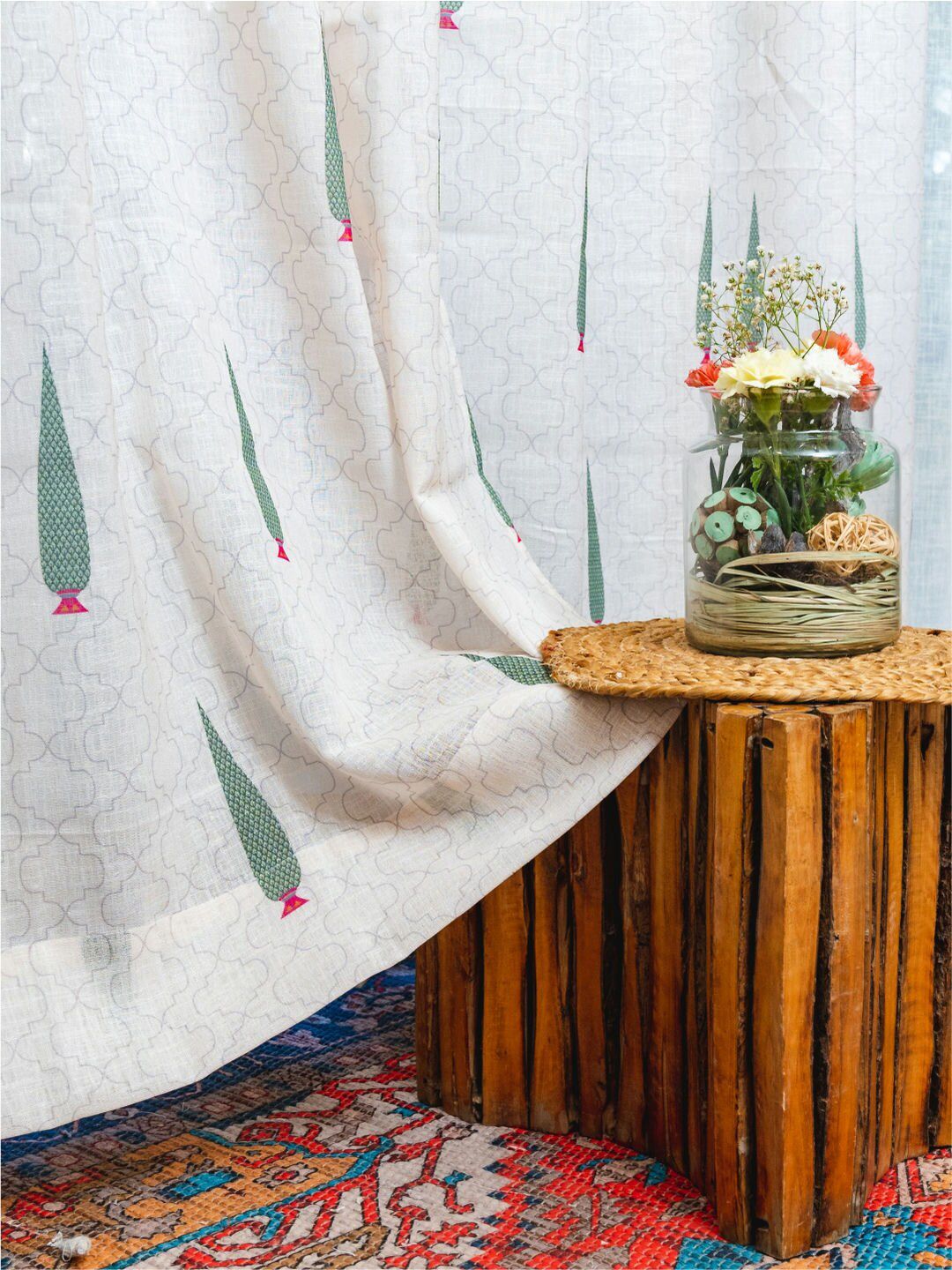 URBAN SPACE 2 Pieces White & Green Floral Sheer Door Curtain