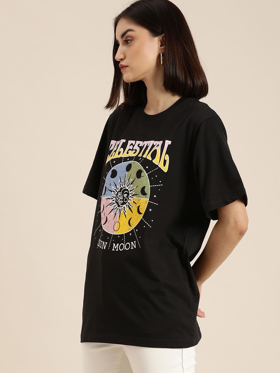 DILLINGER Women Black Printed Loose Pure Cotton T-shirt