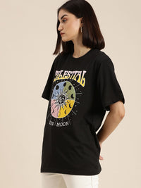 DILLINGER Women Black Printed Loose Pure Cotton T-shirt