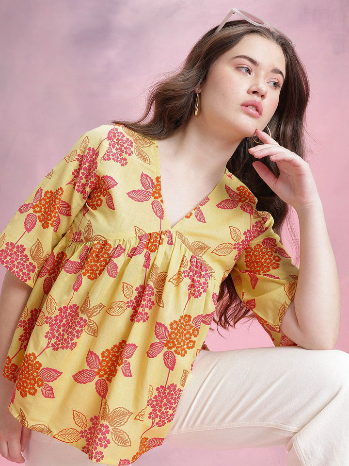 DressBerry Floral Print Cotton Linen Empire Top