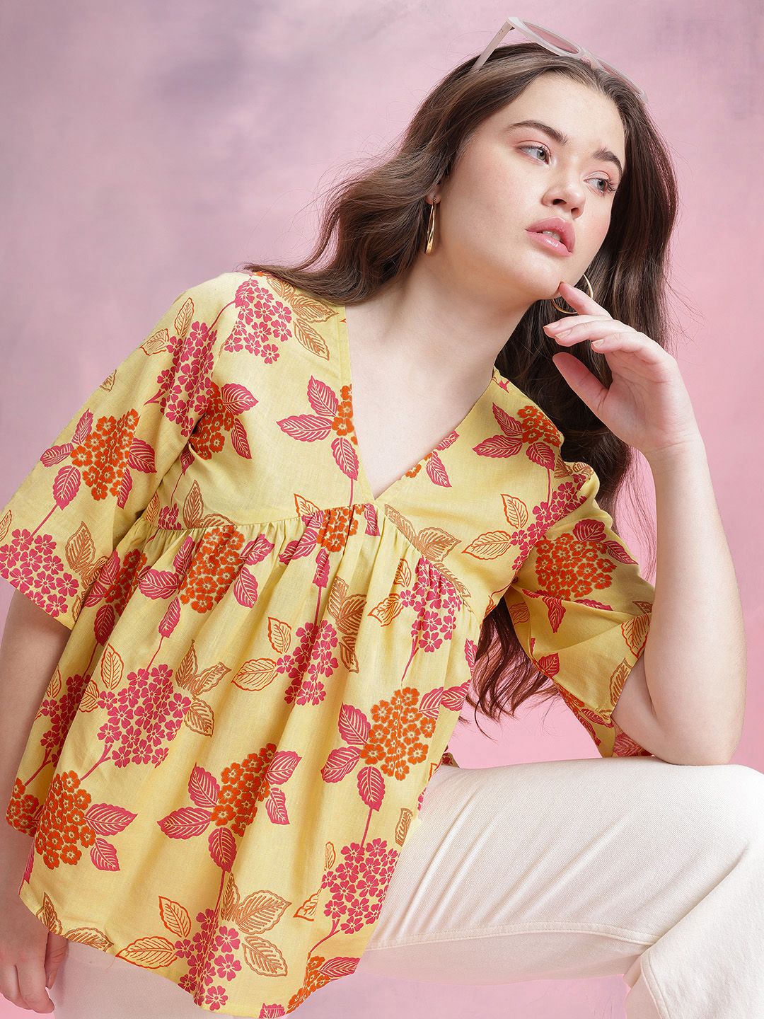 DressBerry Floral Print Cotton Linen Empire Top