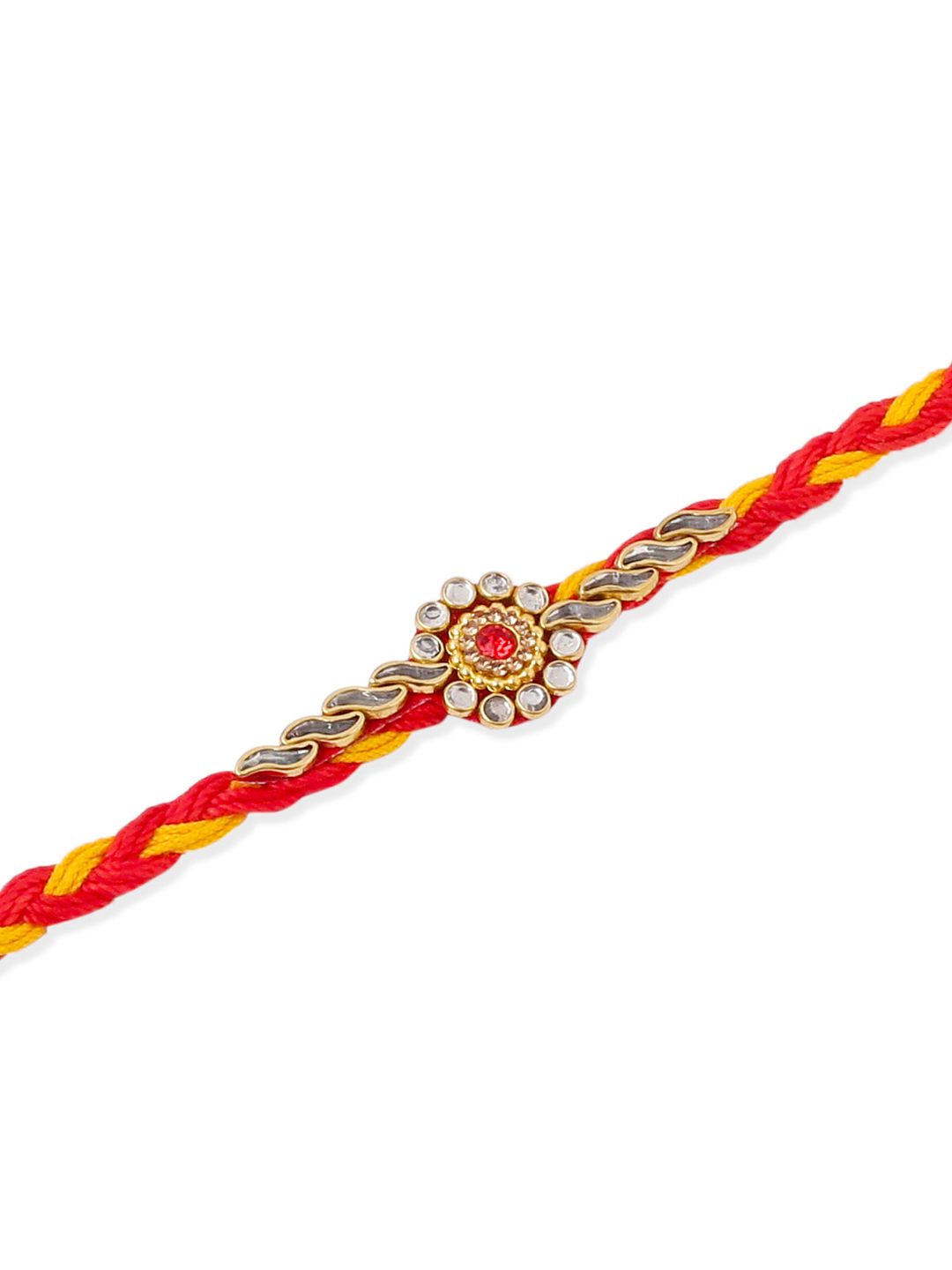 NVR Unisex Set of 6 Kundan Studded Floral Thread Rakhi with Roli Chawal Chandan Mishri