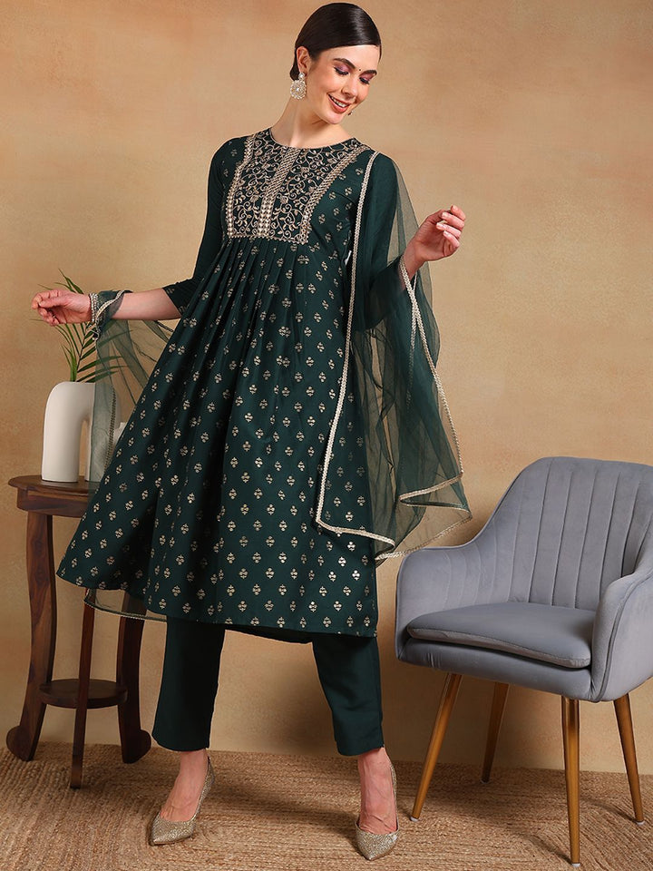 KALINI Ethnic Motifs Embroidered Empire Mirror Work Kurta with Trousers & Dupatta