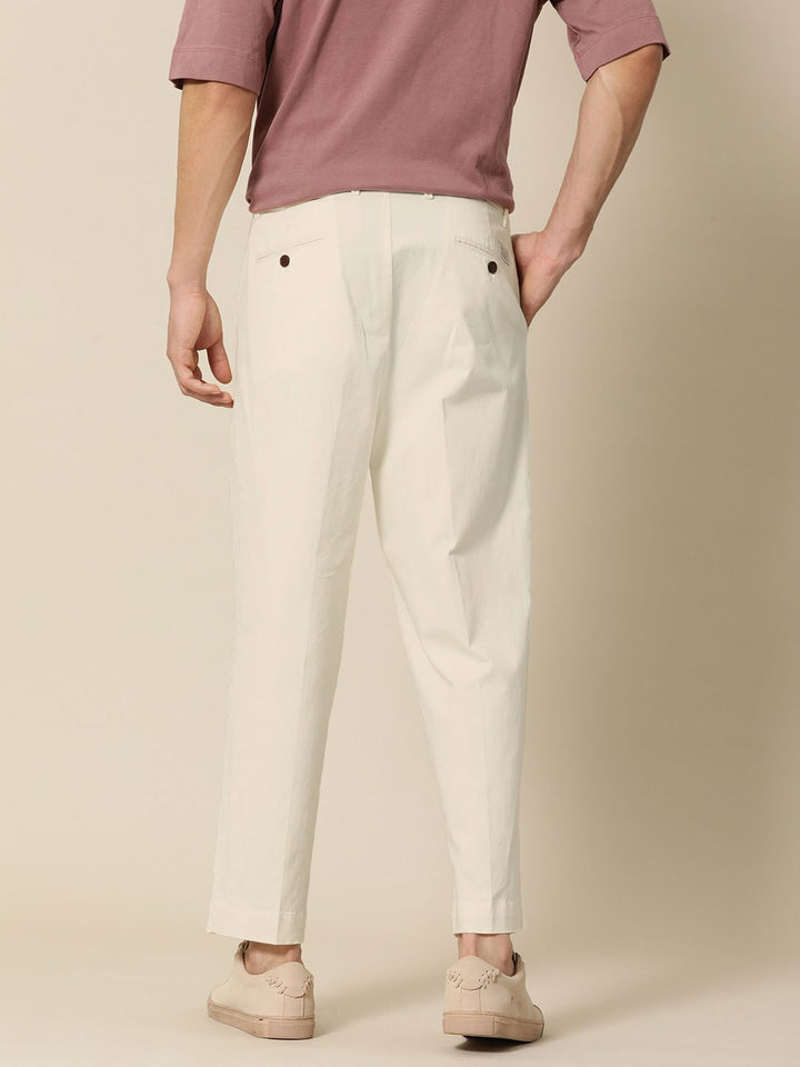Mr Bowerbird Men Cream-Coloured Oversized Fit Mid-Rise Elephant Ankle Pleated Trousers
