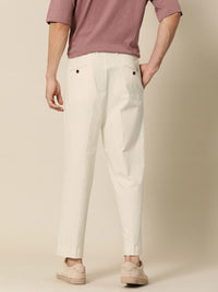 Mr Bowerbird Men Cream-Coloured Oversized Fit Mid-Rise Elephant Ankle Pleated Trousers