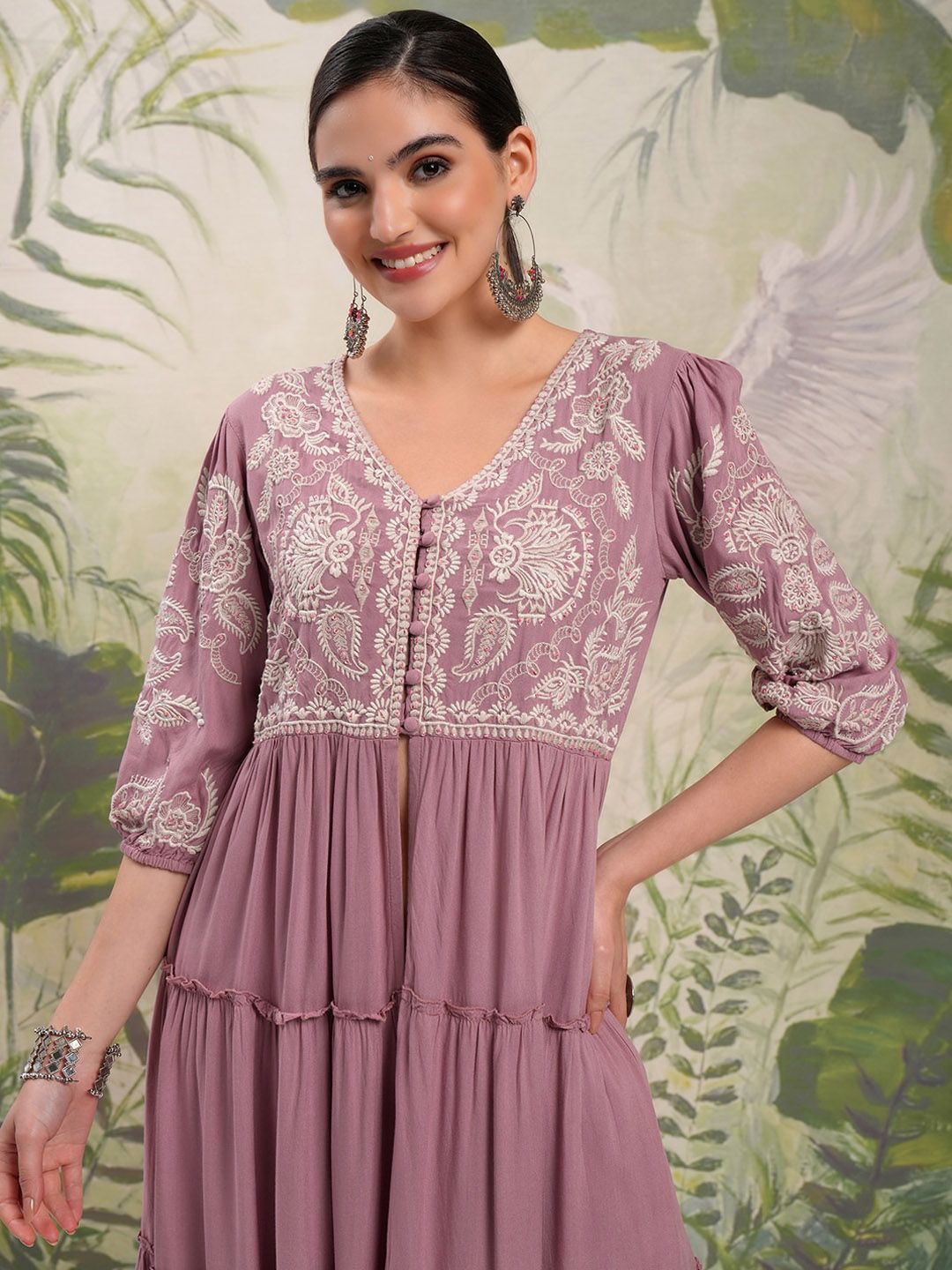 Vishudh V Neck Three Quarter Puff Sleeves Embroidered Anarkali Kurta Sets