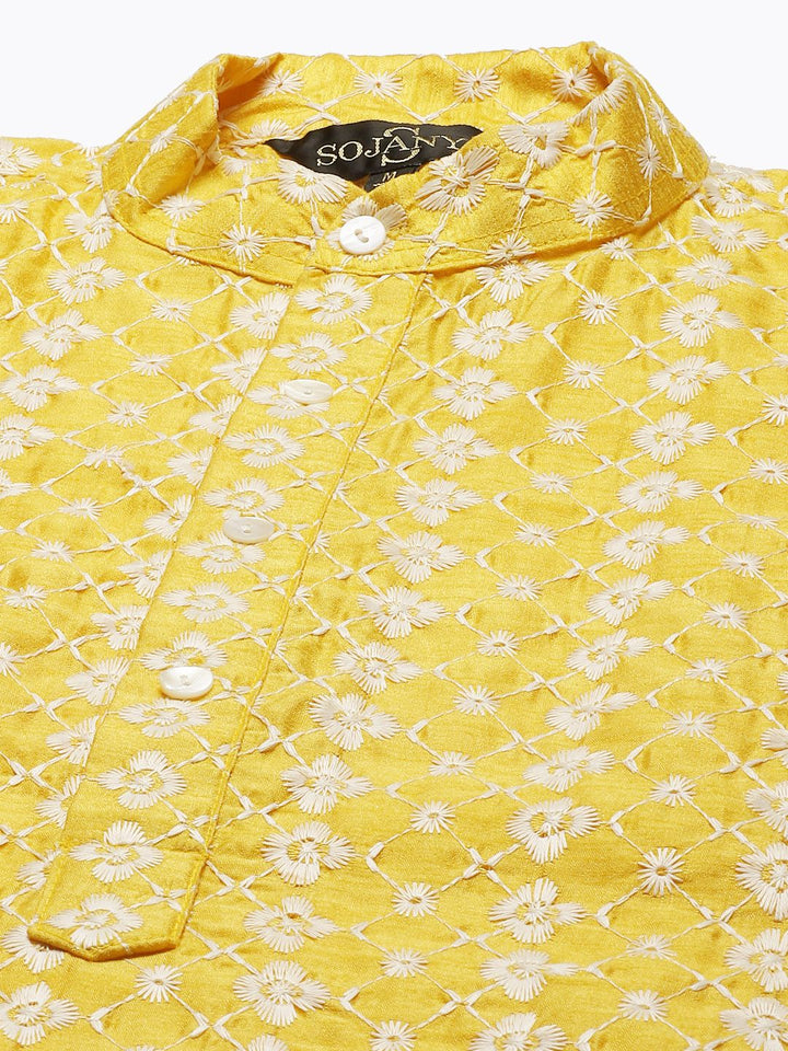 SOJANYA Lelaki Motif Etnik Kuning & Putih Sulam Kurta Churidar & Jaket