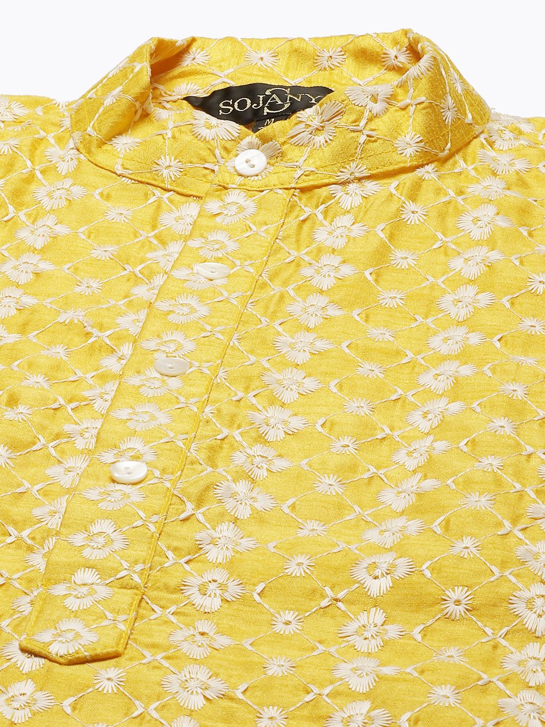 SOJANYA Lelaki Motif Etnik Kuning & Putih Sulam Kurta Churidar & Jaket