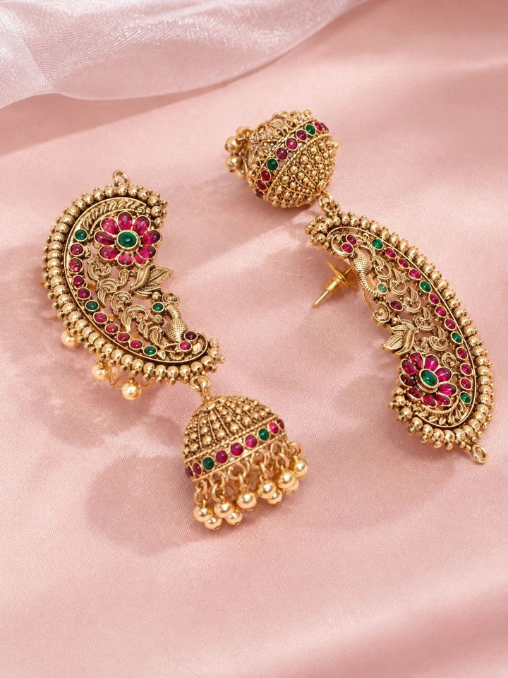 PANASH Gold-Plated Cubic Zirconia Studded Contemporary Jhumkas Earrings