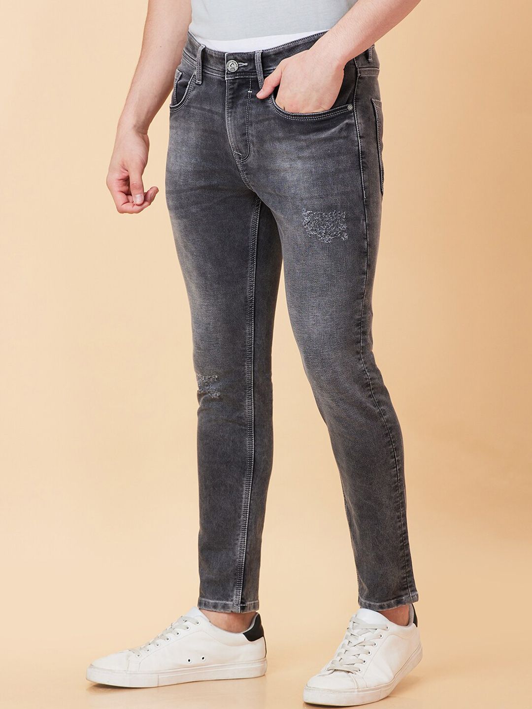 Being Human Men Slim Fit Mid Rise Low Distress Heavy Fade Cropped Jeans