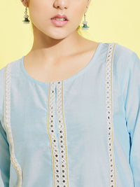 VASTRAMAY Girls Blue Ethnic Motifs Embroidered Mirror Work Kurta with Trousers