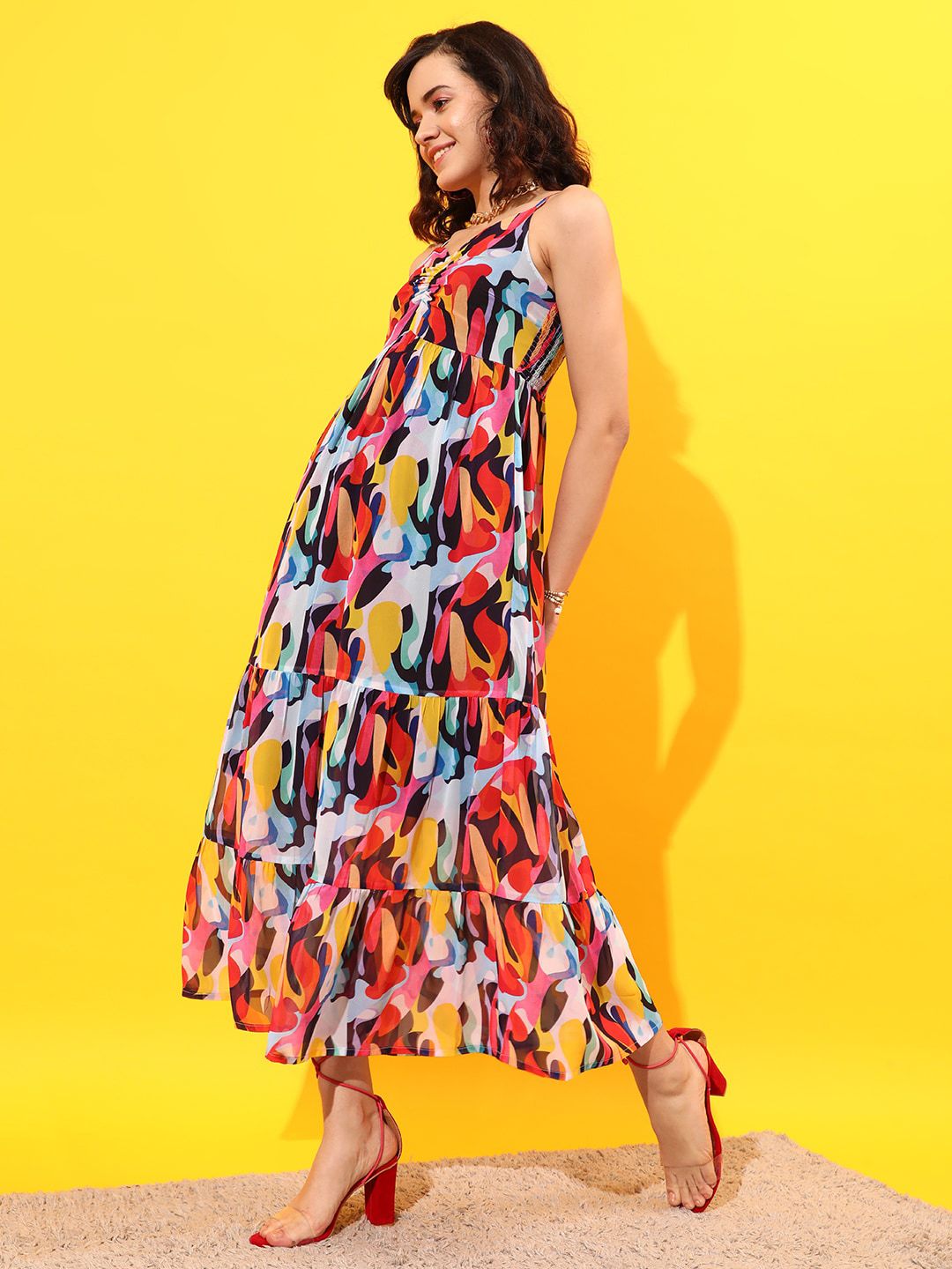STREET 9 Shoulder Straps Abstract Printed Tiered Chiffon Maxi Dress