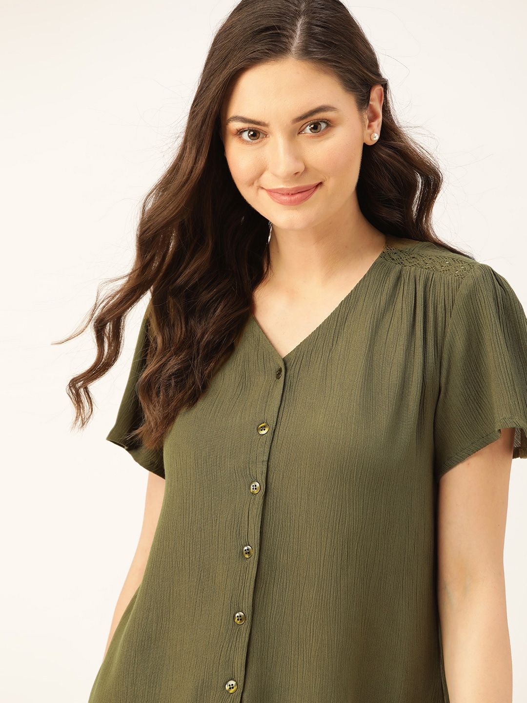 DressBerry Women Olive Green Crinkled Solid Top
