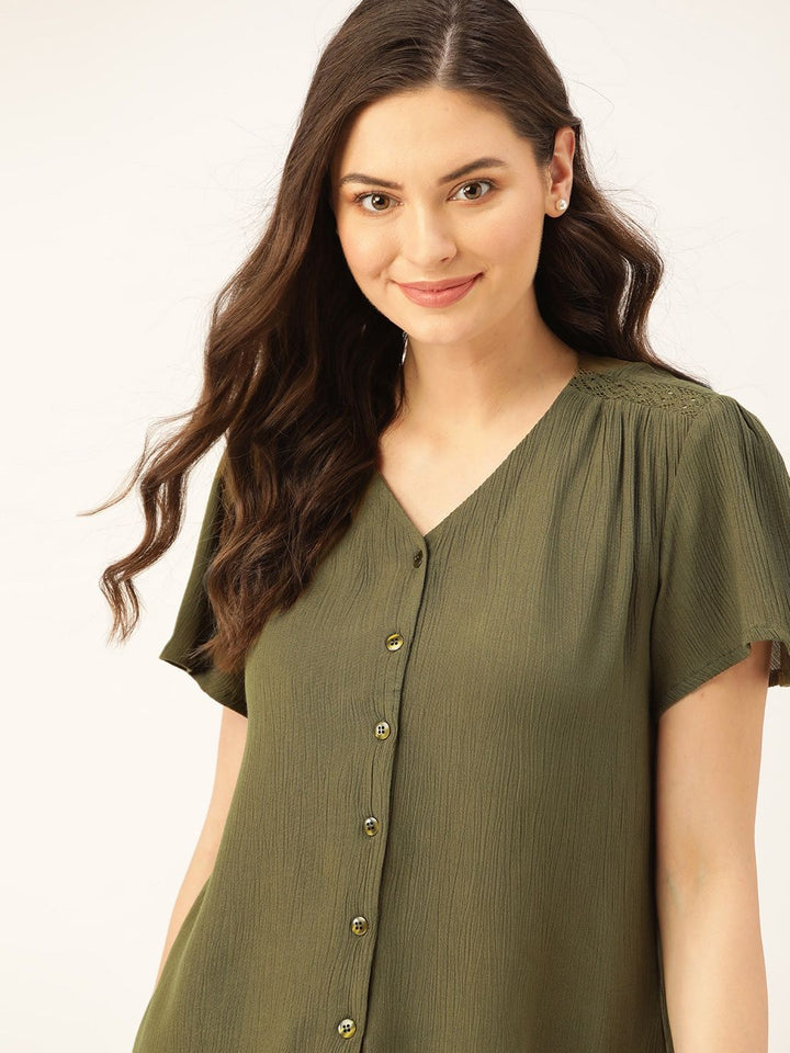 DressBerry Women Olive Green Crinkled Solid Top