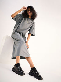SASSAFRAS BASICS Grey Drop Shoulder Sleeves Pure Cotton Oversized T-shirt Midi Dress
