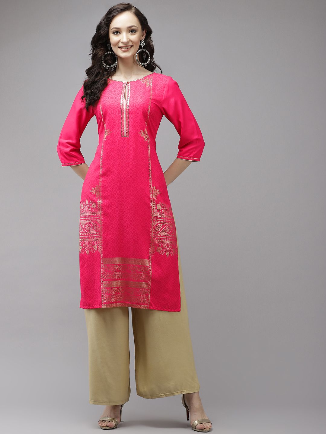 W Women Pink & Golden Geometric Printed Keyhole Neck Straight Kurta