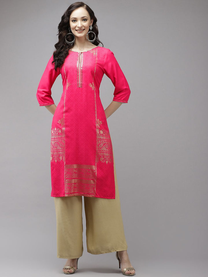 W Women Pink & Golden Geometric Printed Keyhole Neck Straight Kurta