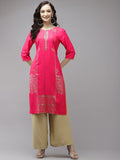 W Women Pink & Golden Geometric Printed Keyhole Neck Straight Kurta