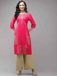 W Women Pink & Golden Geometric Printed Keyhole Neck Straight Kurta