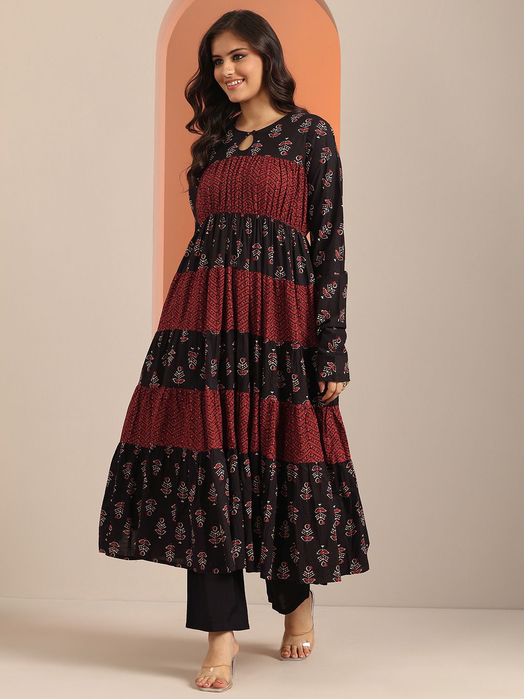 Libas Womens Black Printed Cotton Anarkali Kurta With Churidar & Dupatta