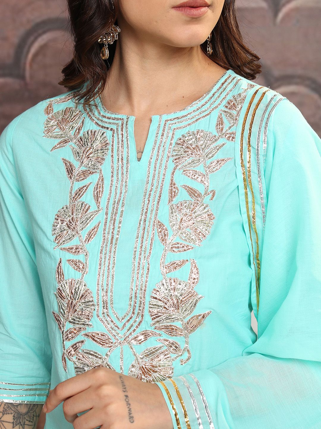Vishudh Turquoise Blue Notch Neck Floral Embroidered Pure Cotton Straight Kurta Set