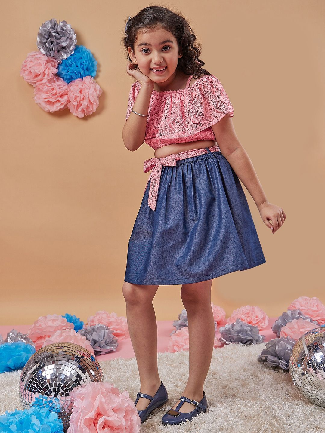 pspeaches Girls Self Design Off-Shoulder Blousan Top with Skirt