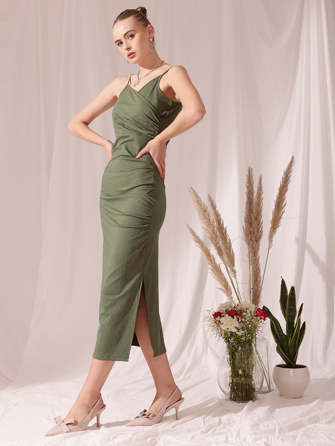 STREET 9 Shoulder Strap V Neck Sheath Midi Dress