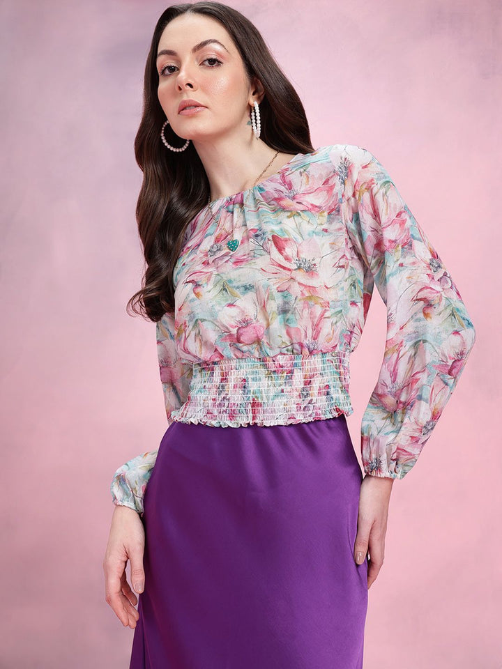 DressBerry Floral Print Smocked Detail Puff Sleeves Blouson Top