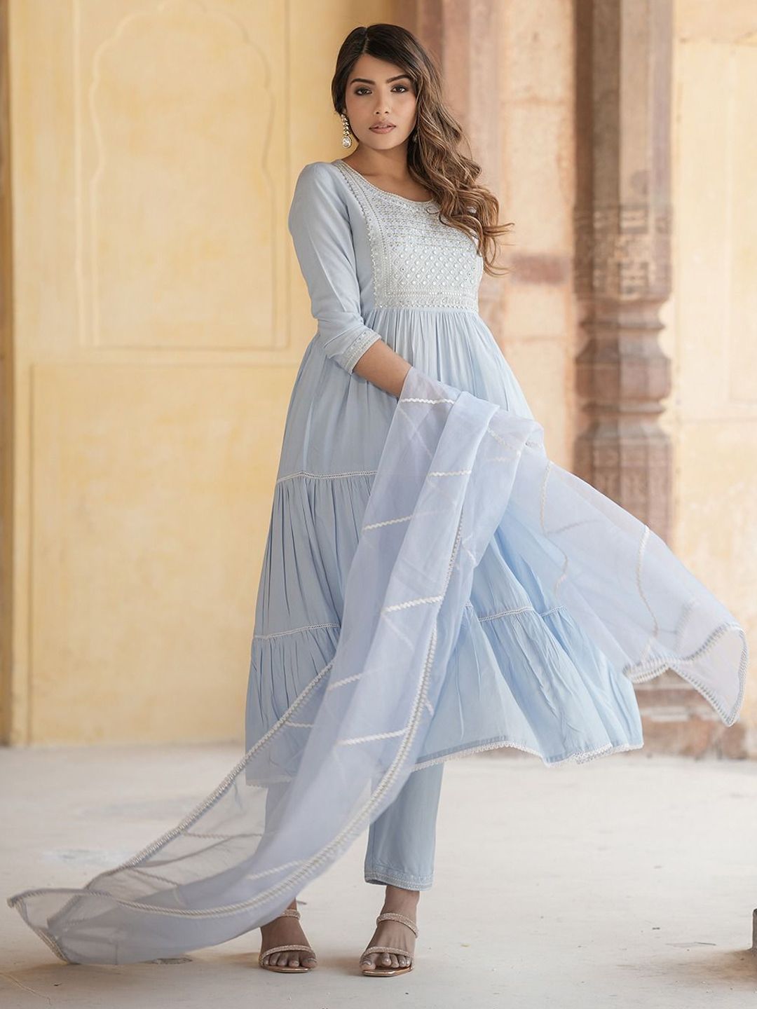 Kalini Geometric Yoke Design Mirror Work Cotton Pure Anarkali Kurta Trousers & Dupatta