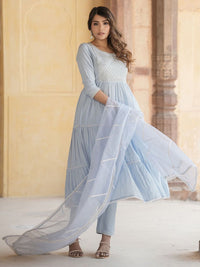 Kalini Geometric Yoke Design Mirror Work Cotton Pure Anarkali Kurta Trousers & Dupatta
