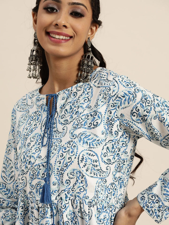 Shae by SASSAFRAS Women Blue & White Cotton Paisley Print A-Line Dress