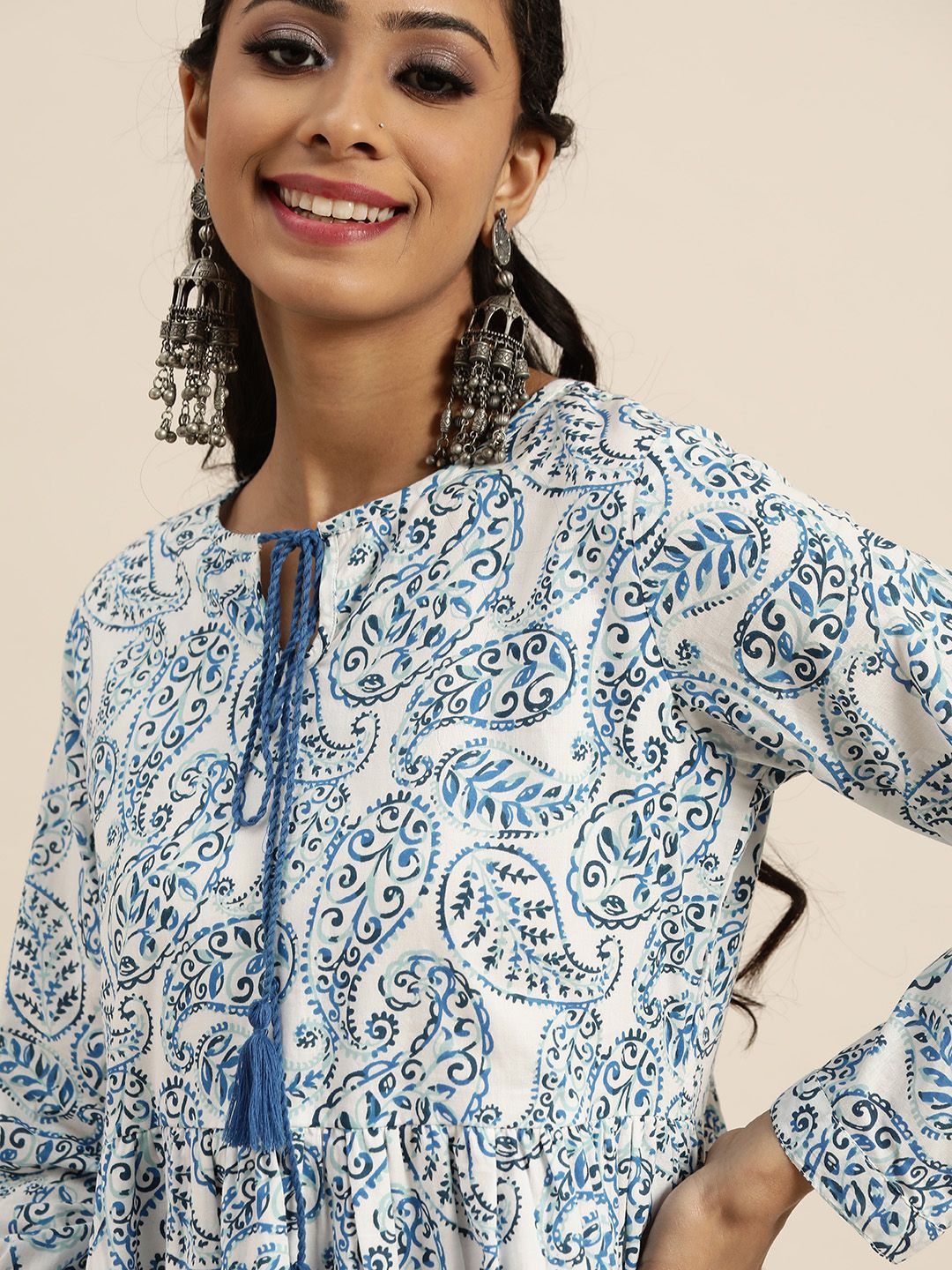 Shae by SASSAFRAS Women Blue & White Cotton Paisley Print A-Line Dress